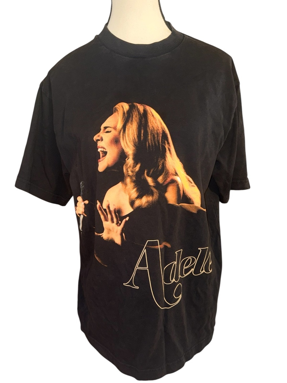 Black 'Adele' Graphic Tee with Gold Tone Print medium 100% cotton unisex